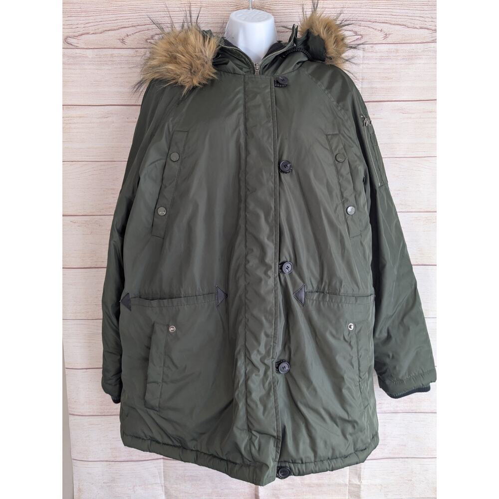 Women's L Large G.H. Bass Parka Mid Length Fur Trim Hooded Coat Army Green